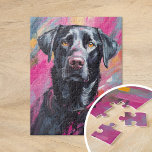 Puzzle Black Lab Retrato Arte Moderno<br><div class="desc">Un retrato de arte moderno vibrante de un recuperador de labradores negros con brochas audaces y abstractas en tonos negros, rosas y amarillos. Los trazos expresivos capturan la personalidad lúdica del perro, mientras que la inesperada paleta de colores le da un giro artístico y caprichoso al retrato tradicional mascota. Esta...</div>