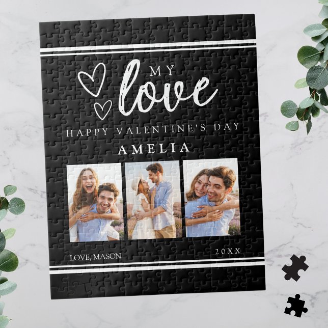 Puzzle Black Modern Happy Valentine's Photo Collage (Black Modern Happy Valentine's Photo Collage Jigsaw Puzzle for Her)