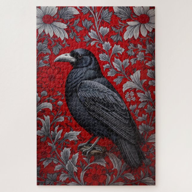 Puzzle Black Raven Red Floral William Morris Inspired (Vertical)
