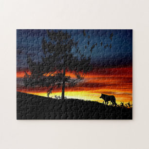 Puzzle Black Silhouette of Wolf, Birds and Tree in Sunset