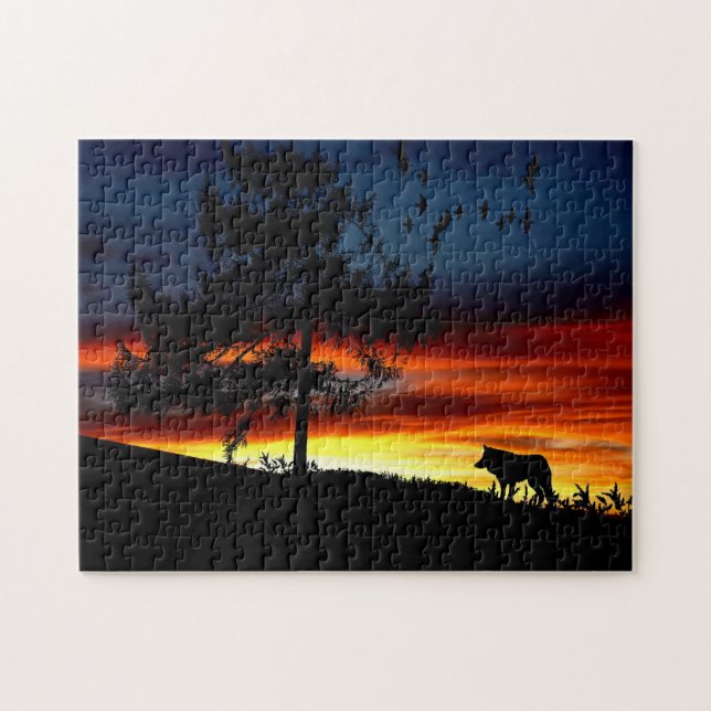 Puzzle Black Silhouette of Wolf, Birds and Tree in Sunset (Horizontal)