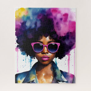 Puzzle Black Woman Afro Hair y gafas de sol Arco iris