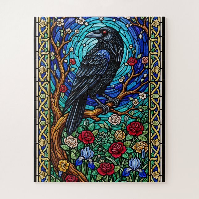 Puzzle Blackbird Garden Sained Glass Corvid Raven (Vertical)