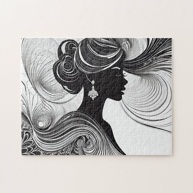 Puzzle Blanco y negro: Impresionante silueta de mujer afr (Horizontal)