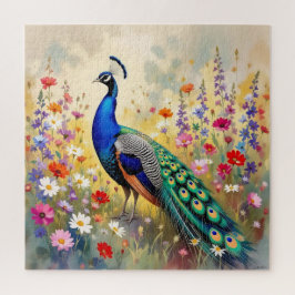 Puzzle Blue and Turquoise Peacock in Flowers