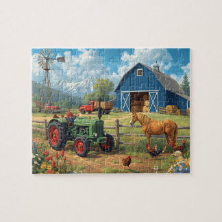Puzzle Blue Barn Tractor Horse Farm Mountain Scene