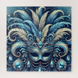 Puzzle Blue Feather Masquerade Mask Illustration