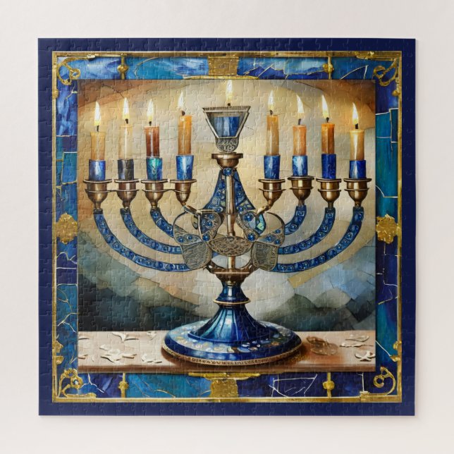 Puzzle Blue Hanukkah Menorah (Vertical)