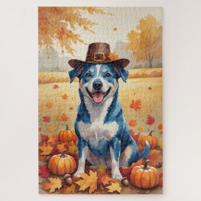 Puzzle Blue Heeler En Otoño Deja El Arte De Acción De Gra (Vertical)