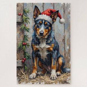 Puzzle Blue Heeler Vigilando con Alerta el Heno de Navida