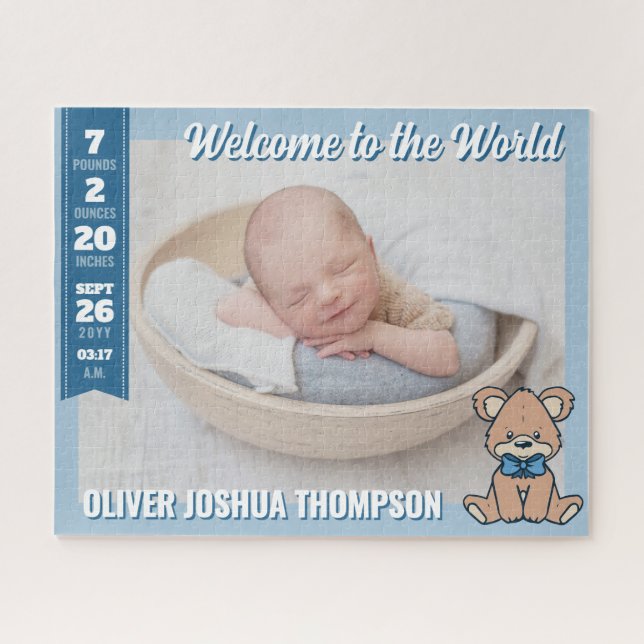 Puzzle Blue Teddy Bear Welcome to the World Baby Boy (Horizontal)