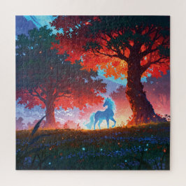Puzzle Blue unicorn in the forest