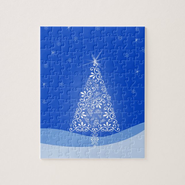 Puzzle Blue White Merry Christmas Tree Stars Night Light (Vertical)