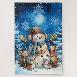 Puzzle Blue Winter Christmas Snowman & Woodland Animals