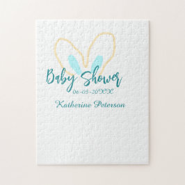 Puzzle Blue yellow baby shower name date animal ear cute 