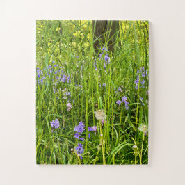 Puzzle Bluebells & Dandelions in Wild Spring Grass