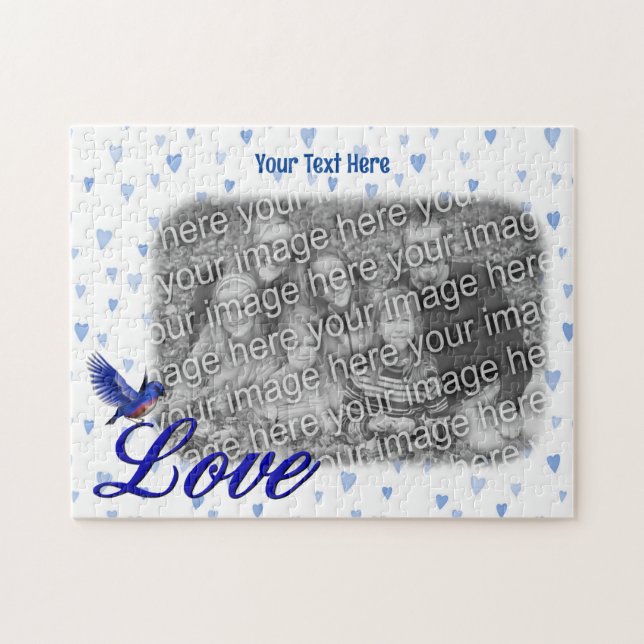 Puzzle Bluebird Love Blue Hearts Frame Añadir tu foto (Horizontal)
