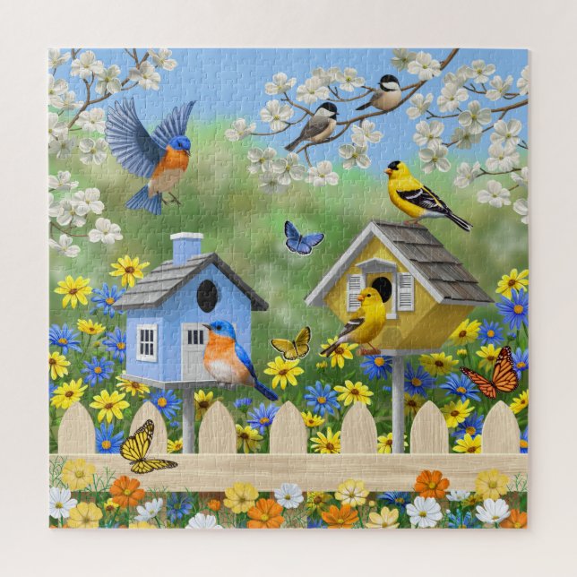 Puzzle Bluebirds Goldfinches Birdhouses Flower Garden (Vertical)