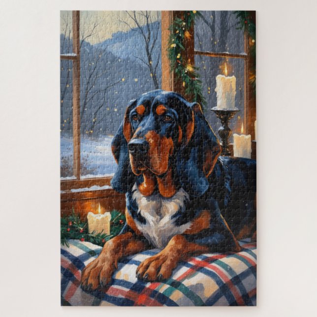 Puzzle Bluetick Coonhound con Luces de Navidad Fiesta (Vertical)