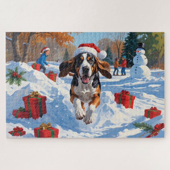Puzzle Bluetick Coonhound Escena Navideña Festiva de Niev (Horizontal)