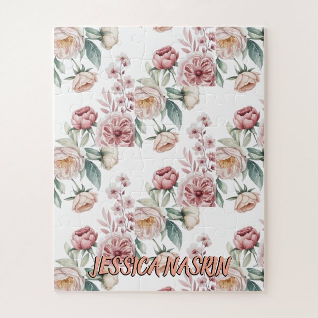 Puzzle Blush Navy Blue Soft Pastel Pink Floral (Vertical)