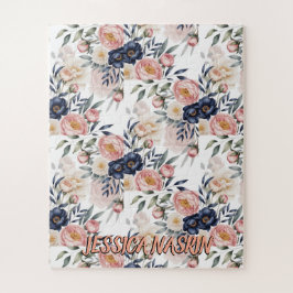 Puzzle Blush Navy Blue Soft Pastel Pink Floral