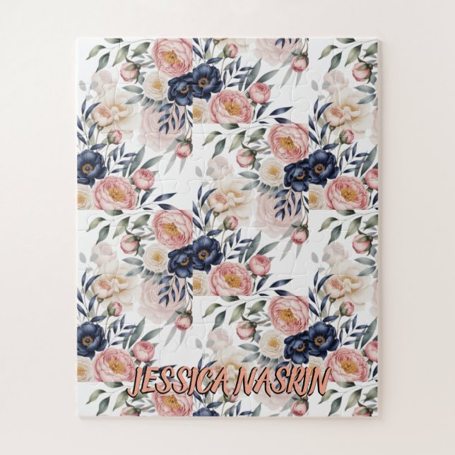 Puzzle Blush Navy Blue Soft Pastel Pink Floral (Vertical)