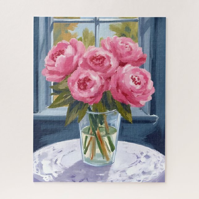 Puzzle Blushing Peony Bouquet | Pink Flower Painting (Vertical)