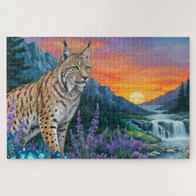 Puzzle Bobcat / Lynx al amanecer por cascada (Horizontal)