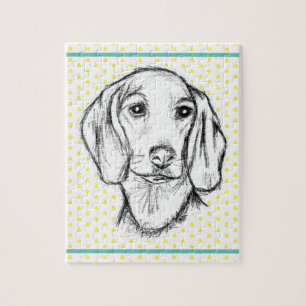Puzzle boceto de perro salchicha dibujado a mano en negro