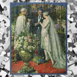 Puzzle Boda de cosecha, novia y novio con Menorah<br><div class="desc">Imagen de la ceremonia del amor al ilustracion vintage y boda romántico que presenta a una pareja casada en una hermosa sinagoga con vidrieras,  flores y una menorah de siete ramas. La novia lleva un vestido largo y blanco boda y el novio es guapo en su esmoquin.</div>