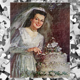 Puzzle Boda vintage, novia cortando el pastel de Boda