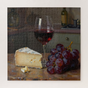 Puzzle Bodegón realista de queso y uvas con vino tinto