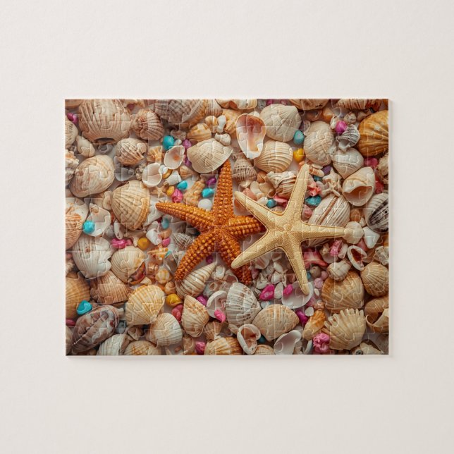 Puzzle Bodegón vibrante de conchas marinas sobre fondo az (Horizontal)