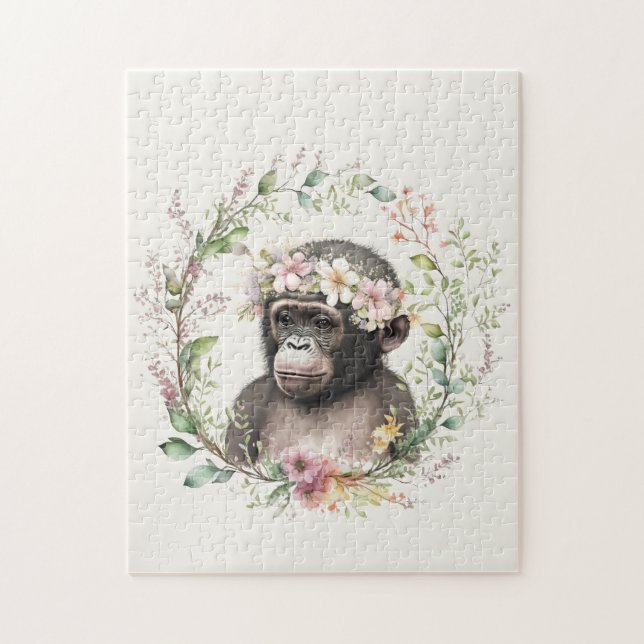 Puzzle boho baby monkey con guirnalda de flores silvestre (Vertical)