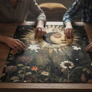 Puzzle Boho Celestial Sol Luna Jardín Flores Silvestres D