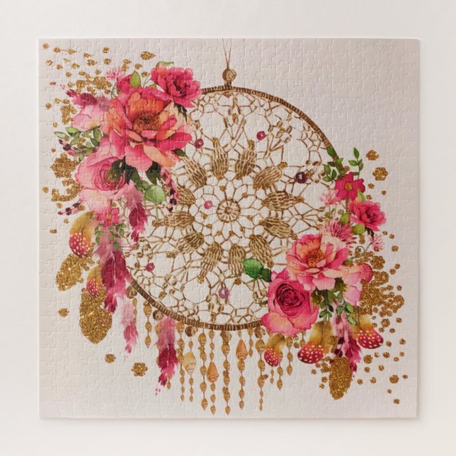 Puzzle Boho Dreamcatcher Pink Gold Floral acuarela (Vertical)