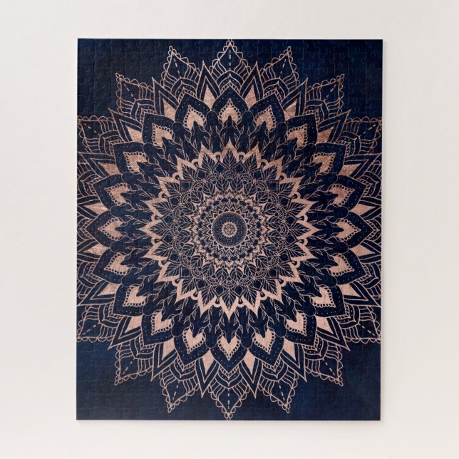 Puzzle Boho rosa oro floral mandala azul marino acuarela (Vertical)