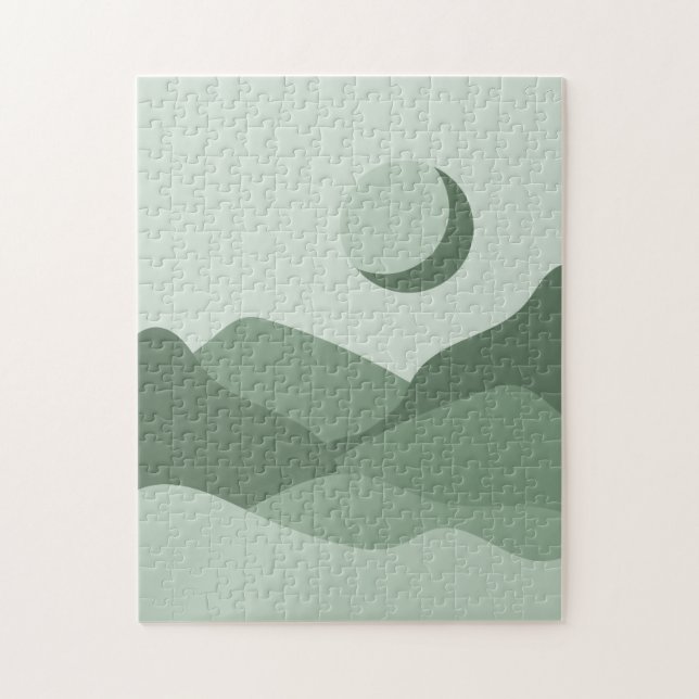Puzzle Boho Sage Green Abstract Landscape Mountains & Sun (Vertical)