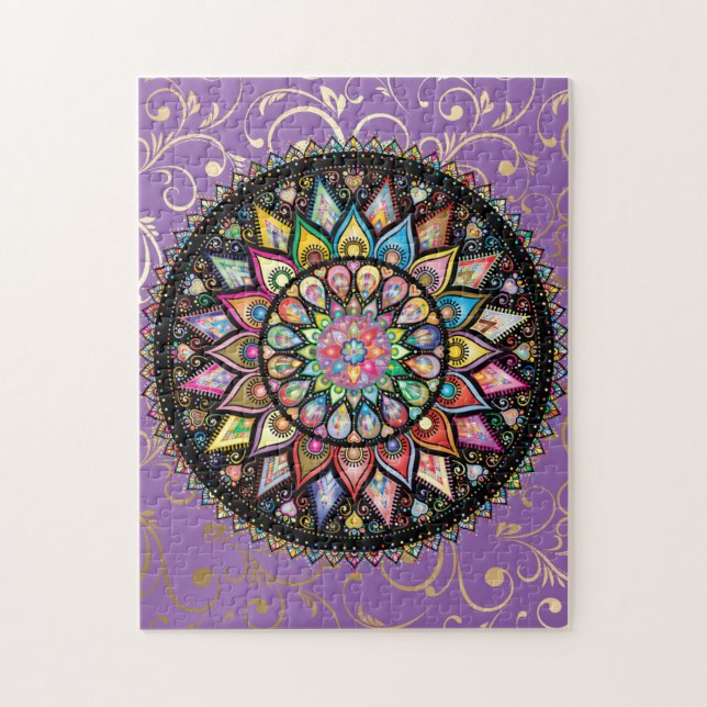 Puzzle Bonita mandala con fondo morado y dorado (Vertical)