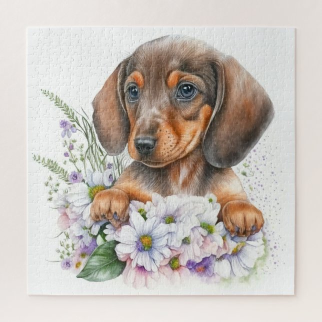Puzzle Bonito acuarela Dachshund Puppy Floral (Vertical)