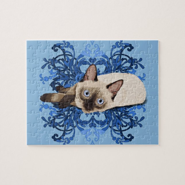 Puzzle Bonito floral azul elegante del gato siamés felino (Horizontal)