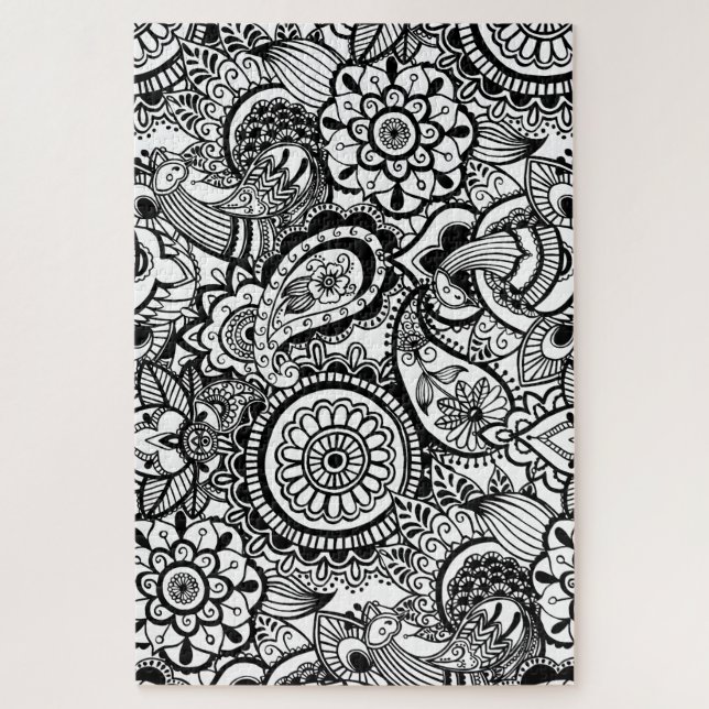 Puzzle Bonito floral de paisley negro y blanco (Vertical)