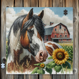 Puzzle Bonito marrón y caballo blanco en granja rústica