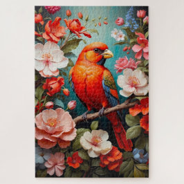 Puzzle bonito pájaro colorido en una rama con flores
