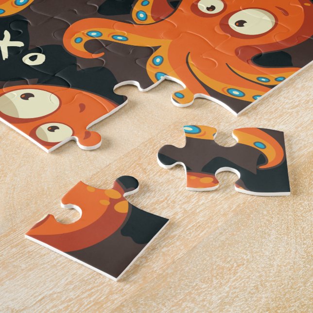 Puzzle Boo Octopus Naranja y niños negros vestidos y deco (Lado)