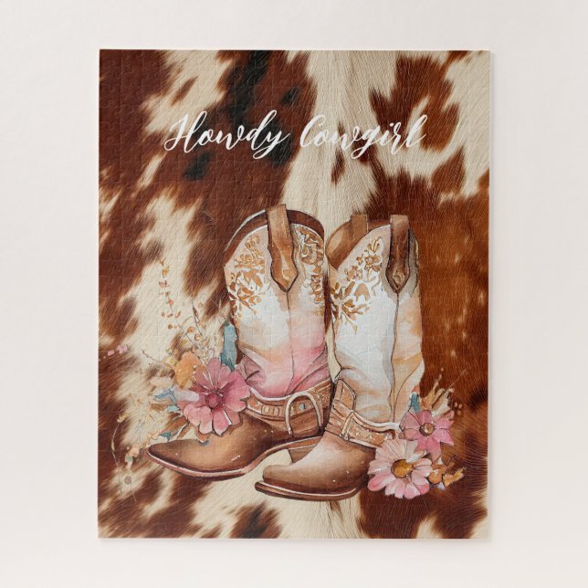 Puzzle Boots florales de la Piel de vaca Cowgirl Brown (Vertical)
