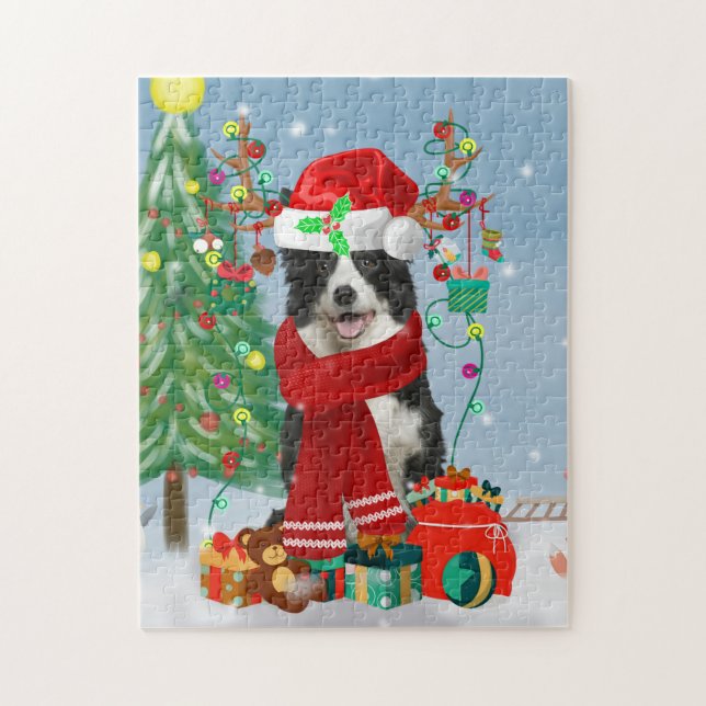 Puzzle Borde del perro Collie en Nieve con regalos de Nav (Vertical)