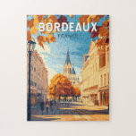 Puzzle Bordeaux France Viñage Viaje Arte Vintage<br><div class="desc">Diseño de viaje vectorial retro de burdeos. Burdeos,  centro de la famosa región vinícola,  es una ciudad portuaria situada en el río Garonne,  al suroeste de Francia.</div>