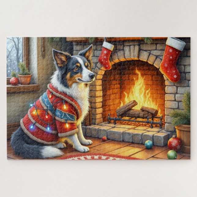 Puzzle Border Collie Chimenea con Luces de Navidad (Horizontal)